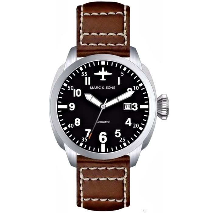 Marc & Sons Elegance Brown Professional Automatic Pilot Men's Watch 46mm 10ATM Black Dial/Brown Band